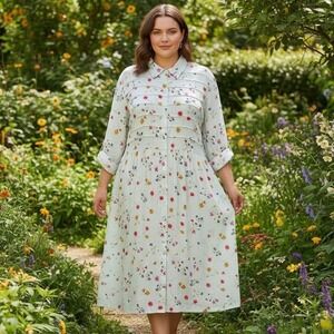 Serengeti Plus Size 2X Floral Print Shirt Dress Midi Button Front Long Sleeve